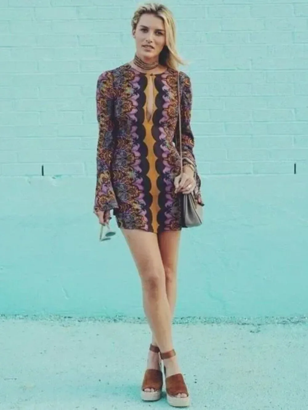 Free People Ossie Vibes Dress Boho Retro 60s Bell Sleeve Mini Tunic Sheath 0 S